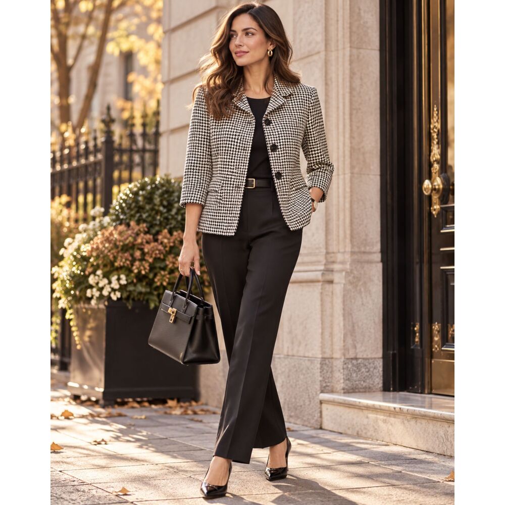 Carlisle Jacket Women 4 Black White Houndstooth 3/4 Sleeve Tailored Blazer
